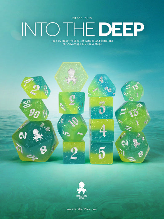 Into The Deep UV Reactive 14pc Dice Set inked in Silver