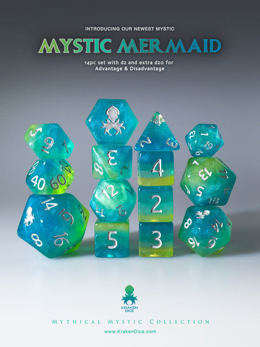Mystic Mermaid 14pc Silver Ink Dice Set With Kraken Logo